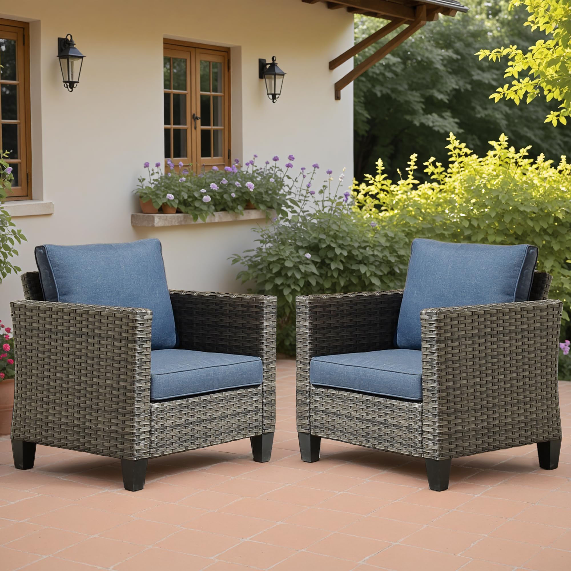 2-Piece Patio Chair Set - All-Weather Wicker Rattan Outdoor Chairs with Comfortable Cushions - High Back Porch Chairs for Balcony, Deck, Garden - Denim Blue - Perfect for Relaxing, Entertaining & Outdoor Dining