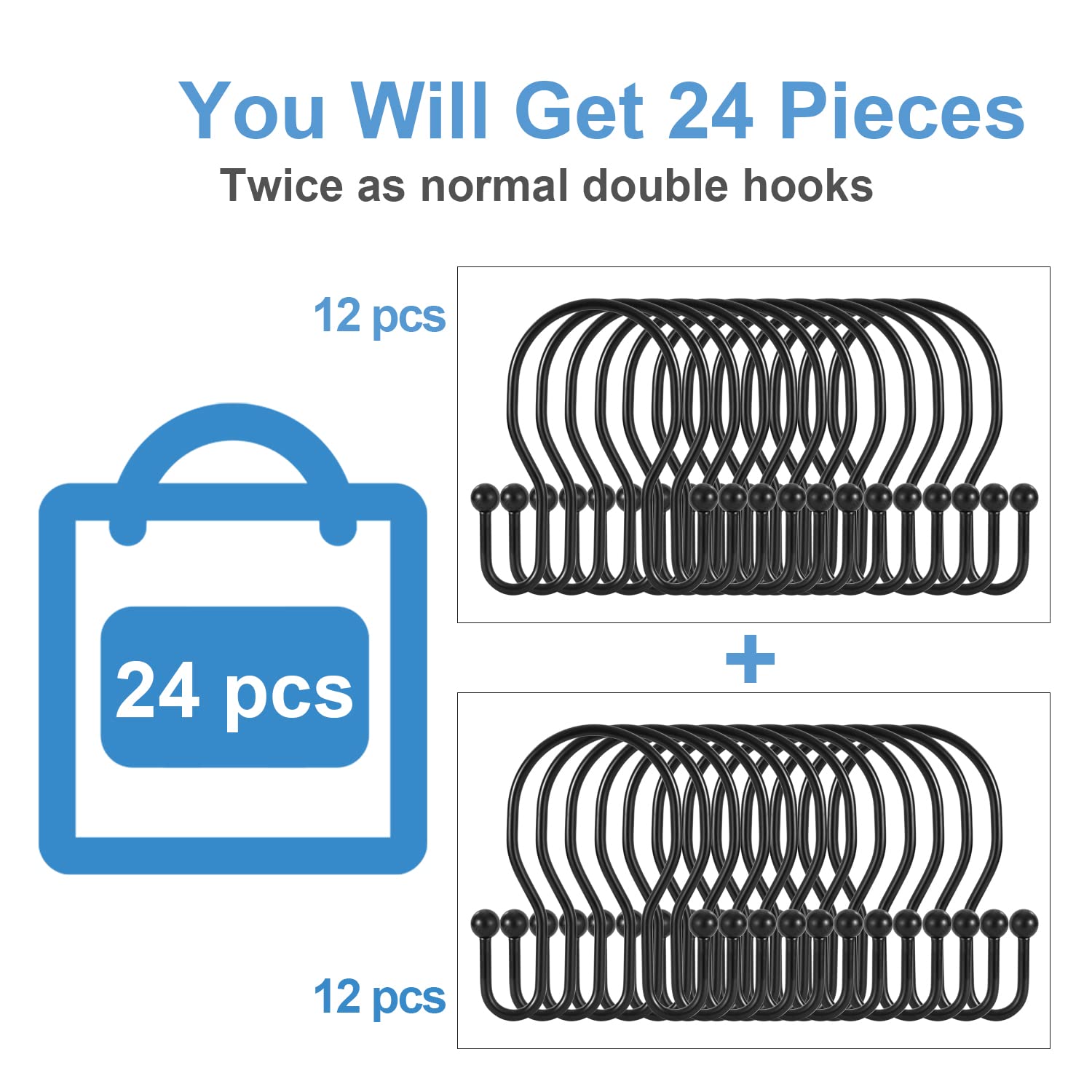 24 Pack TENOVEL Double Sided Shower Curtain Hooks - Rust Proof Stainless Steel Bathroom Hangers for Shower Rods - Matte Black Finish - Perfect for Bathroom Organization and Home Decor
