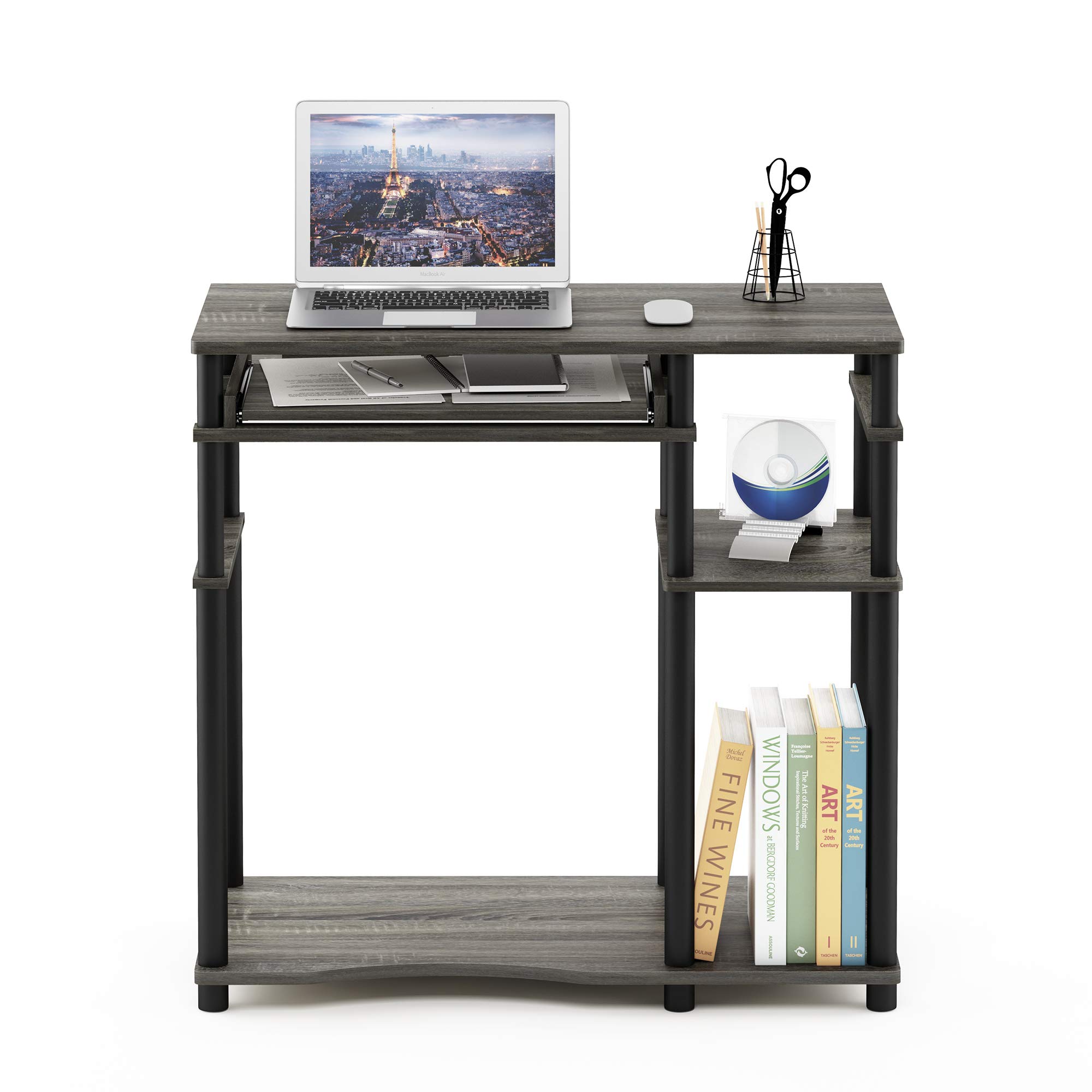 Furinno Abbott Computer Desk with Bookshelf - French Oak Grey/Black - Compact Home Office Desk for Small Spaces, Study & Workstation Setup
