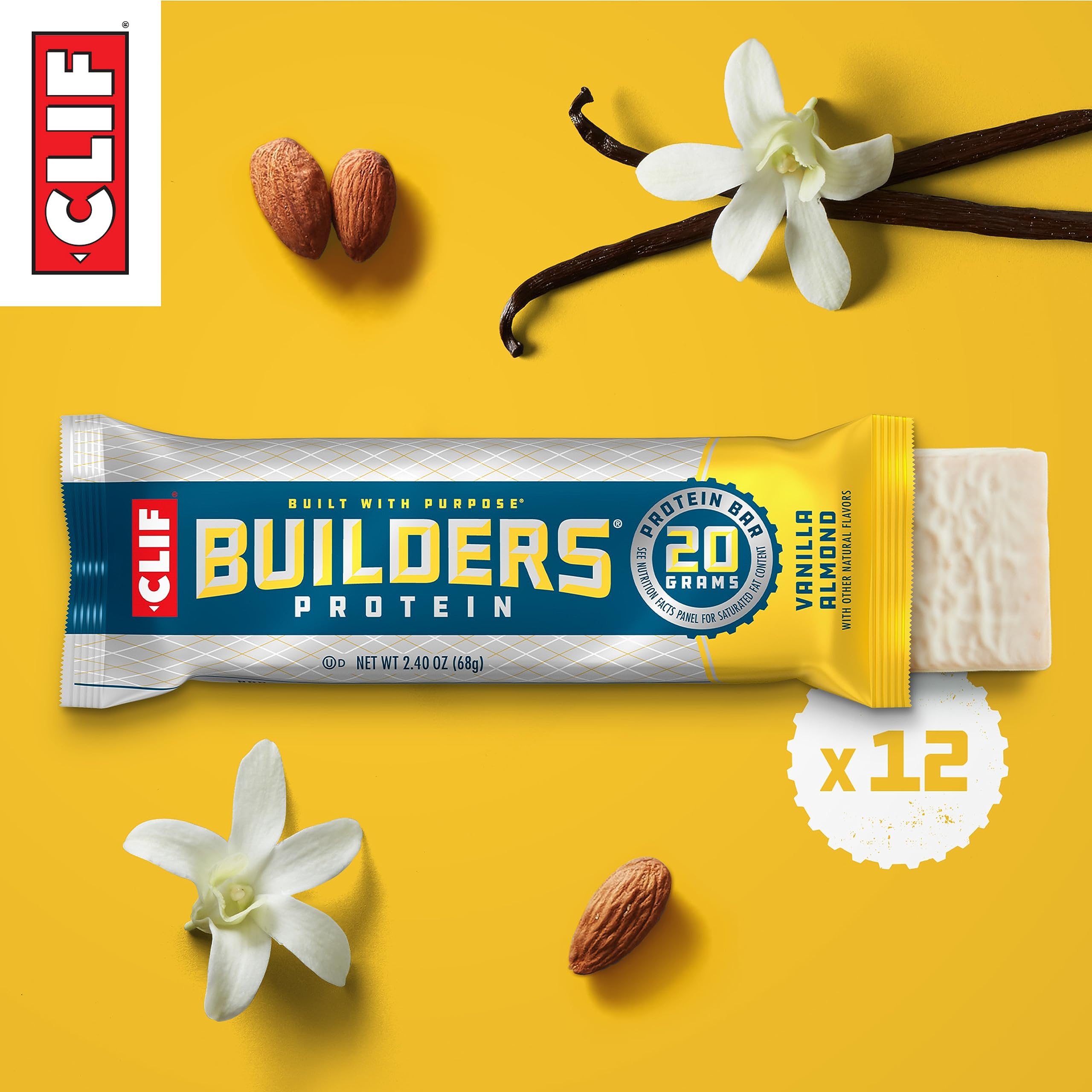 CLIF Builders Protein Bars - Vanilla Almond Flavor, 20g Plant-Based Protein, Gluten Free, Non-GMO, Low Glycemic - 2.4oz (12 Pack) - Perfect for Post-Workout Recovery, Hiking Snacks & On-the-Go Nutrition