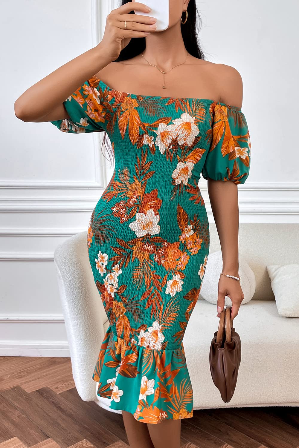 PRETTYGARDEN Floral Bodycon Midi Dress 2025 - Puff Sleeve Mermaid Cocktail Dress for Women | Perfect for Baby Shower, Maternity Photoshoot & Summer Parties | Elegant A-Line Dress for Special Occasions