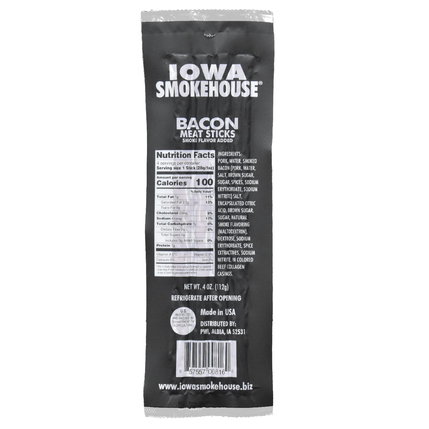 IOWA SMOKEHOUSE Premium Bacon Meat Sticks - High Protein Snack (7g per Stick) - 4 Vacuum Sealed Ready-to-Eat Sticks - Made with 100% USA Pork - 4oz Pack (4 Sticks) - Perfect for Hiking, Camping & On-the-Go Snacking