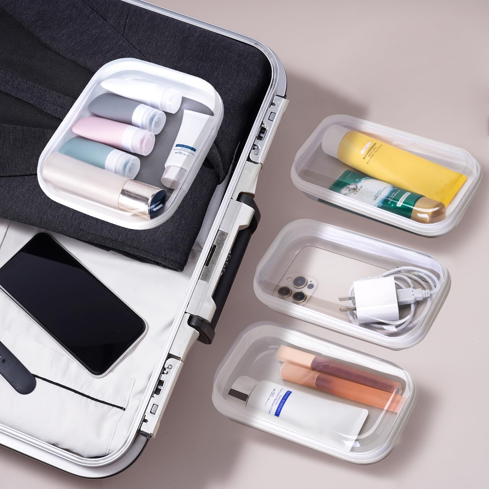 4 Pack Clear Hard Zipper Pouch Storage Cases - Waterproof Stackable Transparent Organizer for Pencils, Toiletries, Travel, Cosmetics & Toys (M+3S) | Perfect for School, Office, Travel & Home Organization