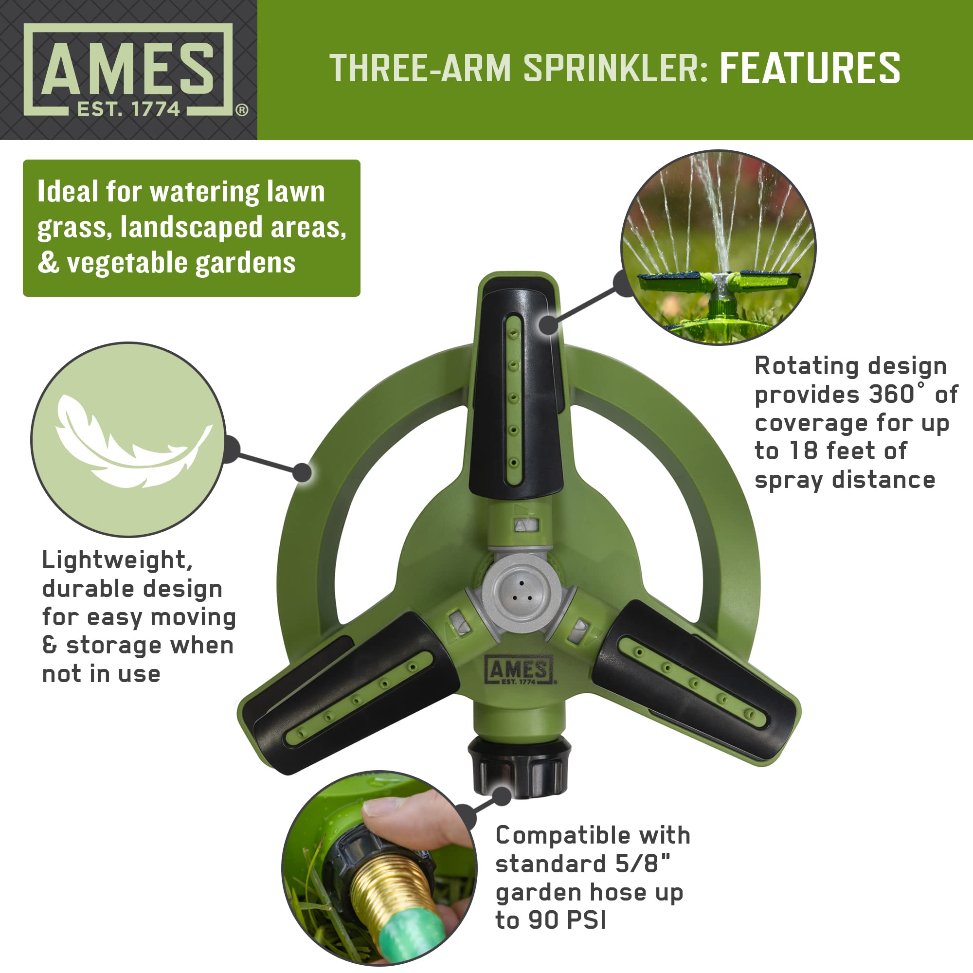AMES 3-Piece Sprinkler Set with 2 Pulsating Spike & 1 3-Arm Rotating Sprinkler - 360° Adjustable Lawn Watering System for Garden, Yard | Easy Hose Connection | Perfect for Grass, Flower Beds & Landscaping