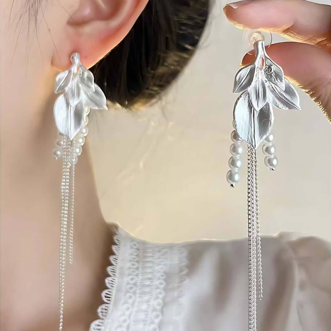 Ivory Pearl Leaf Link Chain Drop Earrings for Women | EH338 | Elegant Dangle Earrings for Wedding, Party & Evening Wear