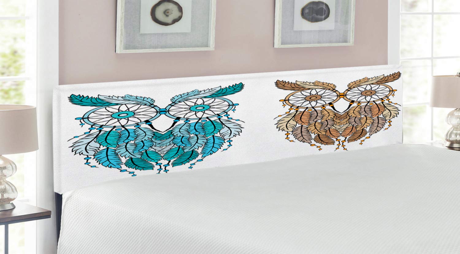 Ambesonne King Size Upholstered Headboard with Owl & Dreamcatcher Design - Cream White Teal Memory Foam Bed Headboard for Bohemian & Nature-Inspired Bedroom Decor