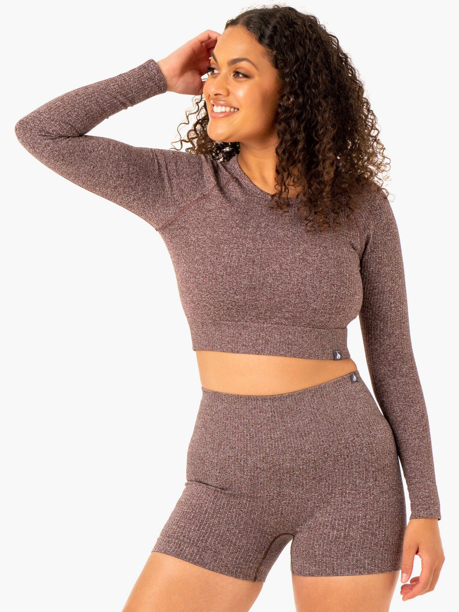 Seamless Rib Long Sleeve T-Shirt for Women - Soft Stretch Chocolate Marl Knit Top | Casual Wear, Layering & Everyday Outfits