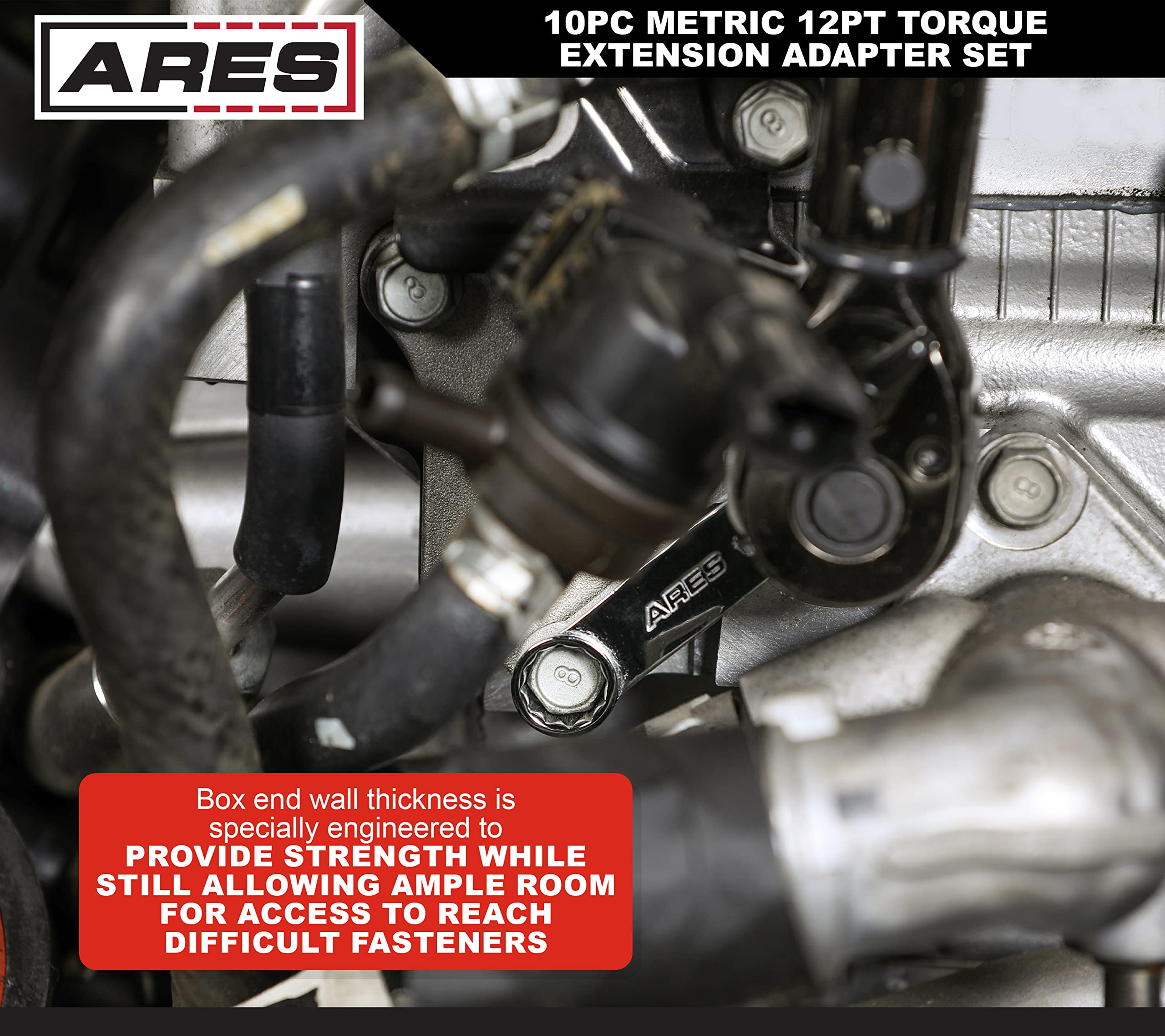 ARES 43036 10-Piece Metric 12-Point Box End Torque Adapter Extension Set - 3/8-Inch Drive Chrome Vanadium Steel Wrench Set with EVA Foam Tray - Perfect for Automotive Repair, Machinery Maintenance and Tightening Bolts in Hard-to-Reach Spaces