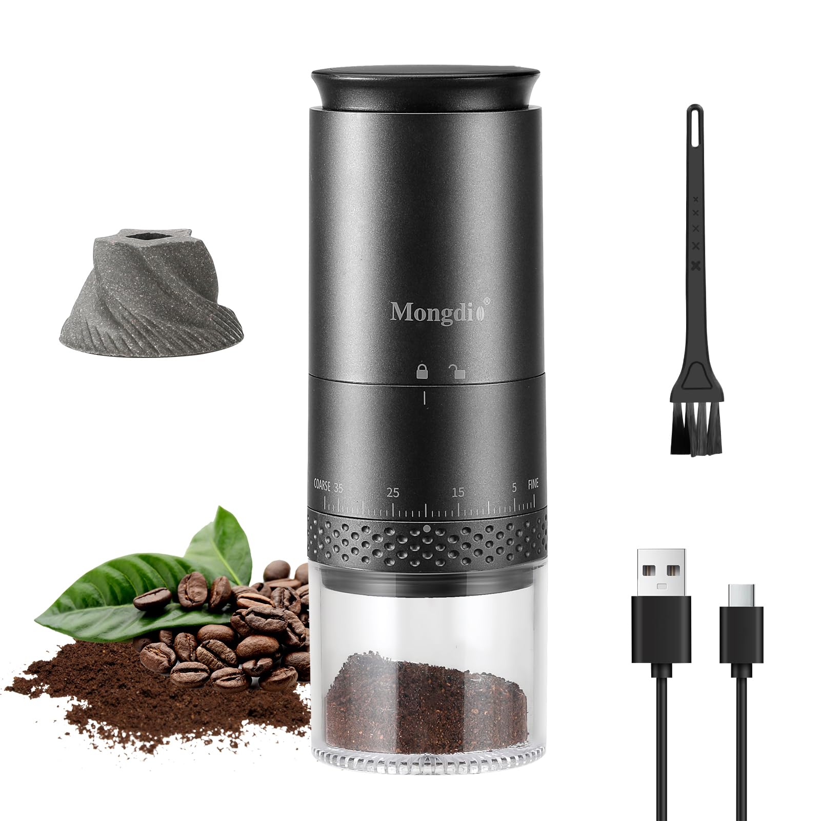 Mongdio Portable Electric Burr Coffee Grinder - 38 Adjustable Settings, Conical Burr Mill with LED Display, USB Rechargeable, Ceramic Core - Perfect for Home, Office & Travel Use - Space Black