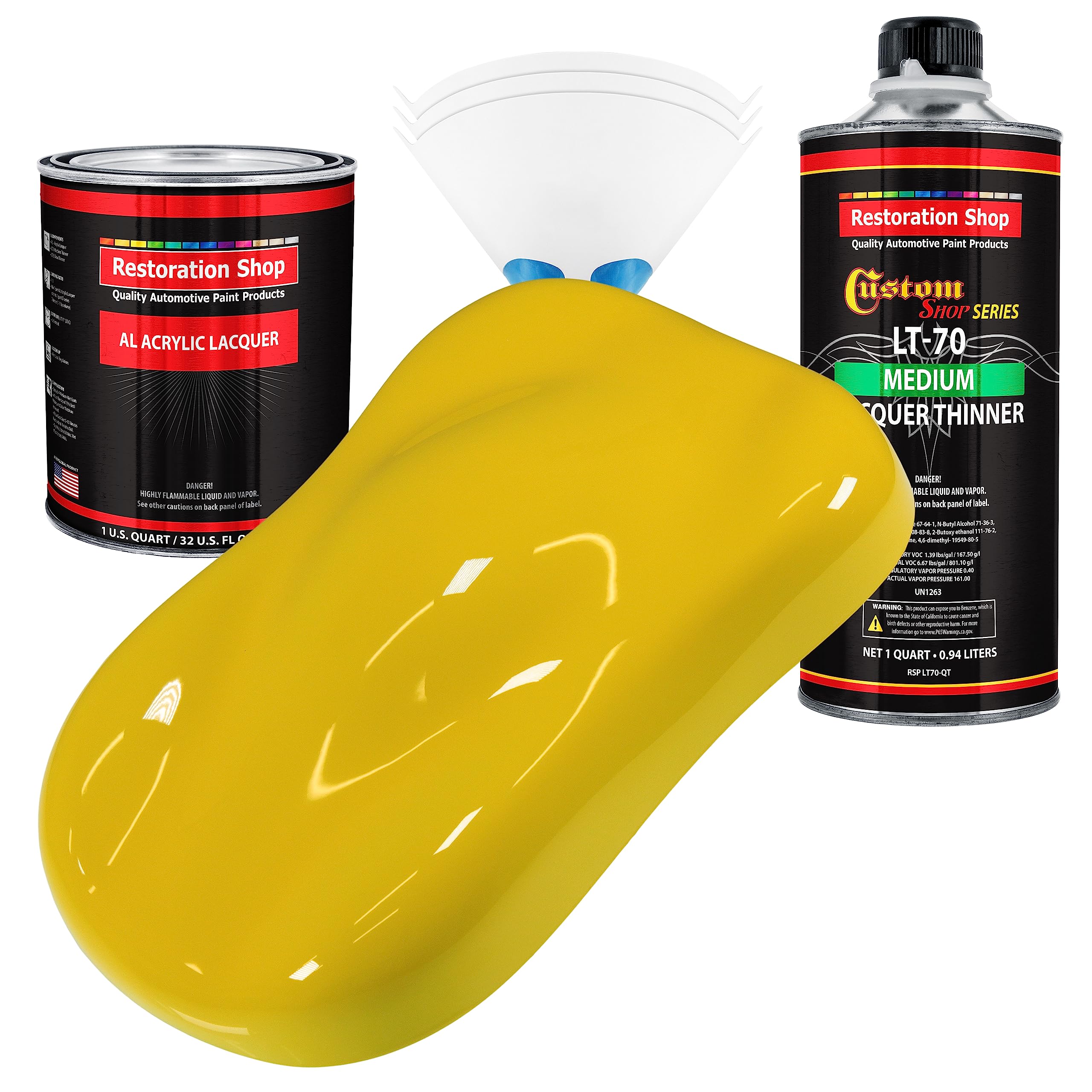 Restoration Shop Electric Yellow Acrylic Lacquer Auto Paint - Complete Quart Paint Kit with Medium Thinner for Cars, Trucks, Guitars & Furniture - Professional Gloss Finish for Automotive Refinishing & DIY Projects - Perfect for Vehicle Touch-Ups, Instrument Customization & Home Furniture Restoration