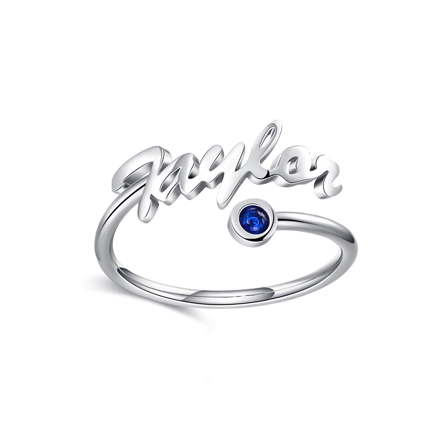 Personalized Sterling Silver Name Rings with Simulated Birthstone - Custom Engraved Adjustable Engagement Rings for Women - Perfect for Anniversaries, Valentine's Day & Special Gifts