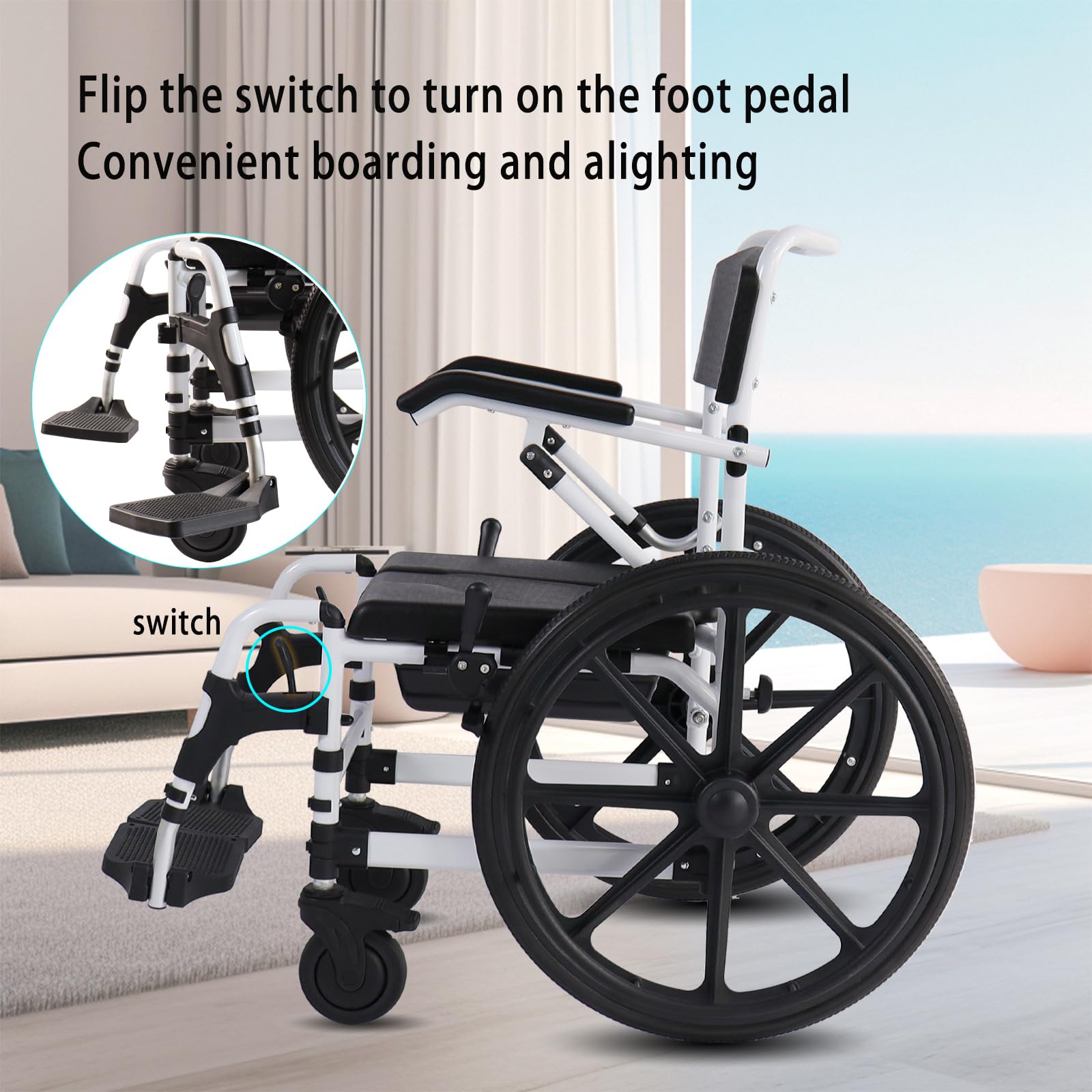 Portable Folding Shower Commode Wheelchair - 300lbs Capacity Waterproof Rolling Toilet Chair with Padded Seat, Armrests & Backrest - Mobility Aid for Small Bathrooms & Tight Spaces (Blue) - Ideal for Elderly Care, Post-Surgery Recovery & Home Healthcare Use