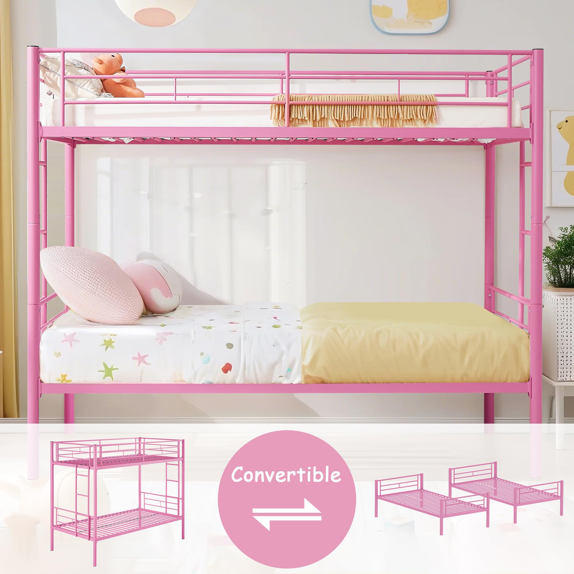 VECELO Twin Over Twin Metal Bunk Bed with Built-in Ladder & Safety Guardrail - Heavy Duty Space Saving Bunk Bed for Kids, Teens & Adults - No Box Spring Needed - Pink - Perfect for Small Bedrooms, Dorms & Guest Rooms