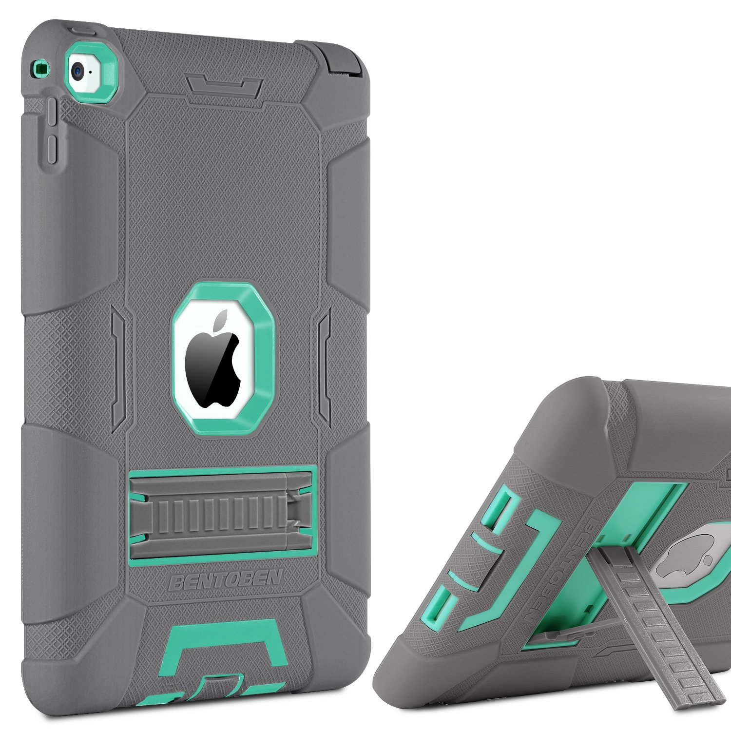 BENTOBEN Shockproof iPad Air 2 Case - Hybrid Rugged Triple-Layer Protective Cover with Kickstand for iPad Air 2 (Retina Display) / iPad 6 - Gray & Mint Green - Perfect for Travel, Work & Outdoor Activities