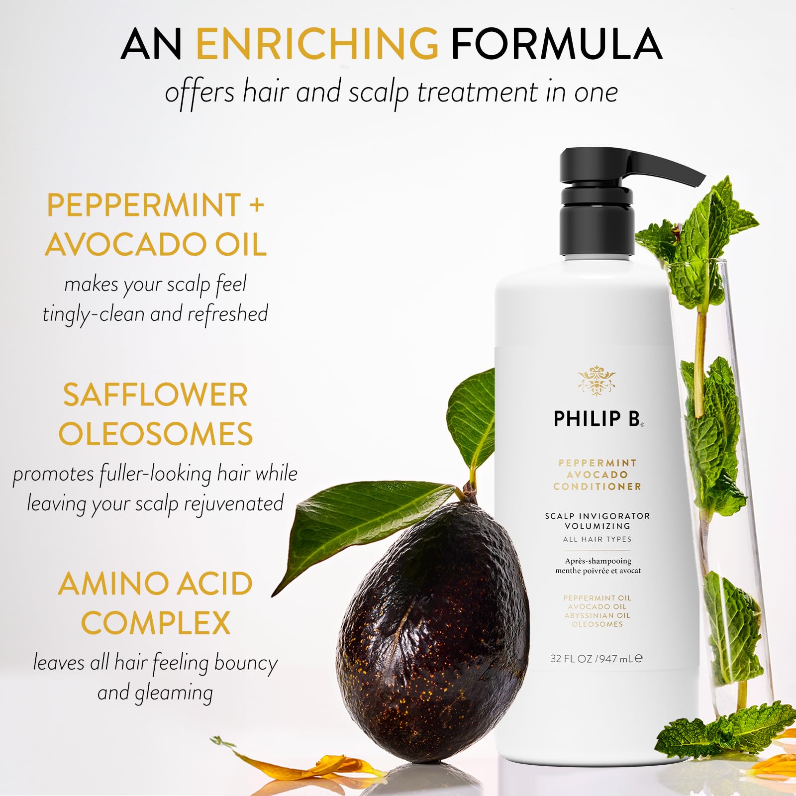 PHILIP B Peppermint & Avocado Volumizing Conditioner - 32 fl oz (947 ml) for Thicker Hair with Refreshing Peppermint & Eucalyptus Oils to Stimulate Scalp - Ideal for Daily Hair Care & Spa-Like Treatment at Home