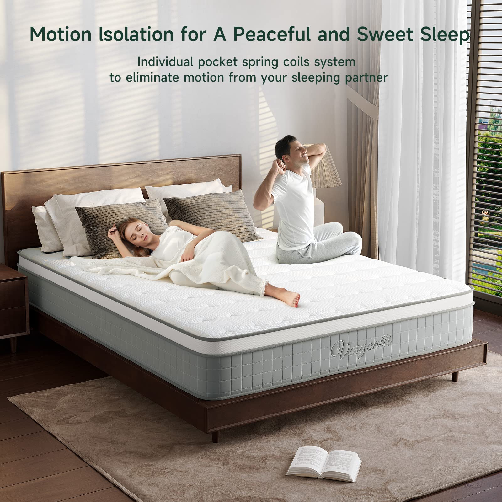 Vesgantti 10 Inch Hybrid Queen Mattress - Medium Firm Innerspring with Memory Foam, Pressure Relief Pocket Coils, CertiPUR-US Certified - Perfect for Back Pain Relief & Side Sleepers | Bed in a Box for Easy Setup