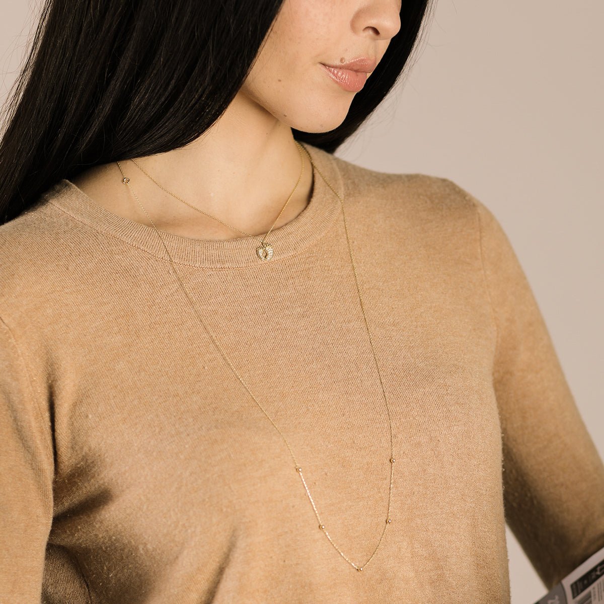 10k Solid Yellow Gold Beaded Station Necklace - Elegant Everyday Jewelry for Women, Perfect for Office, Parties & Special Occasions