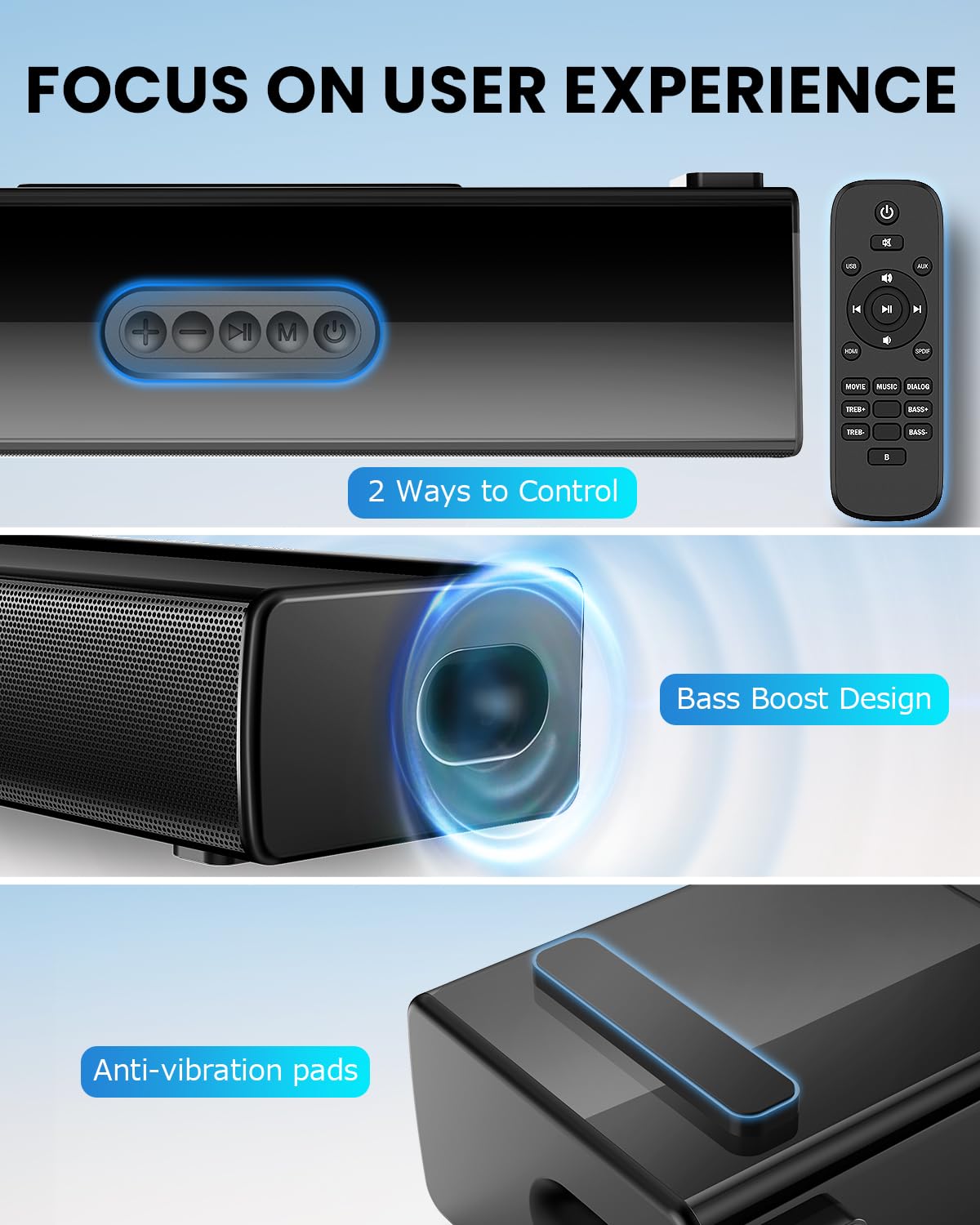 16 Inch Bluetooth Sound Bar for Smart TV with HDMI ARC/Optical/AUX/USB Inputs, Surround Sound System for Home Theater, PC, Gaming, and Projectors, Includes Remote Control – Perfect for Living Room, Bedroom, and Office Setup