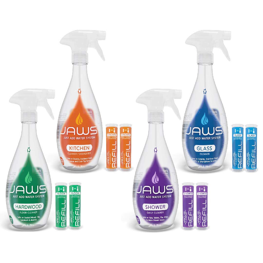 JAWS Cleaners Home Cleaning Kit - Multi-Surface Cleaner for Kitchen, Glass, Shower & Hardwood Floors | Includes 2 Refill Pods | Eco-Friendly Refillable Cleaning Supplies | Perfect for Daily Household Cleaning & Deep Cleaning Tasks