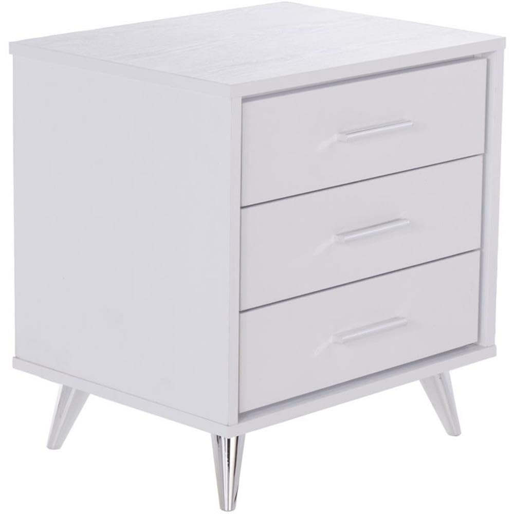Allora Mid-Century Modern 3-Drawer Nightstand - White & Chrome Finish Bedside Table for Bedroom, Living Room, or Office
