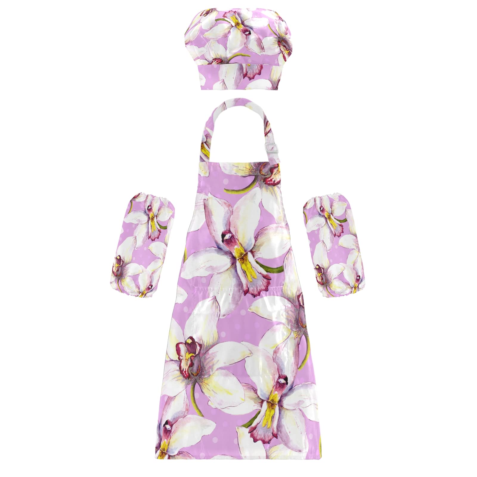 Kids Chef Apron Set - White Orchid Flower Design for Cooking & Halloween
