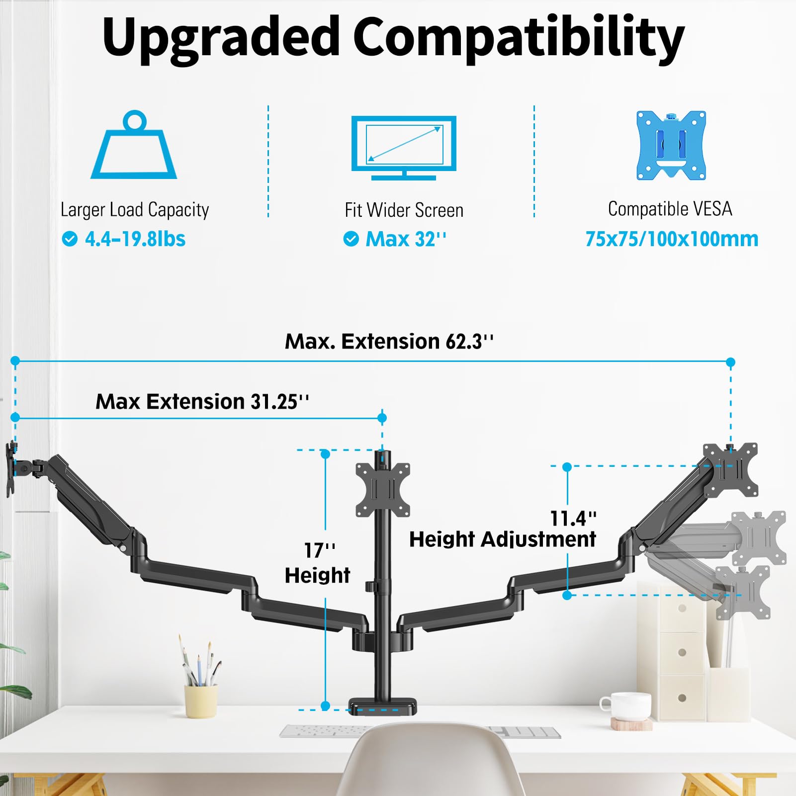MOUNTUP Triple Monitor Stand for 17-32 Inch Screens - Full Motion Adjustable Gas Spring 3-Arm Desk Mount (Holds 19.8 lbs Each) with Clamp & Grommet Mounting - Black - Perfect for Gaming, Office Work & Multi-Tasking Setup