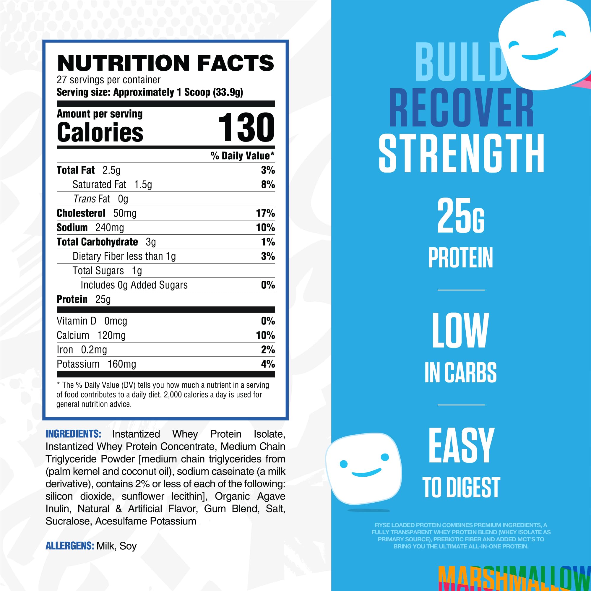 Ryse Loaded Protein Powder - 25g Whey Protein Isolate & Concentrate with Prebiotic Fiber & MCTs | Low Carb Low Sugar Protein Supplement | 27 Servings Marshmallow Flavor for Post Workout Recovery & Muscle Building