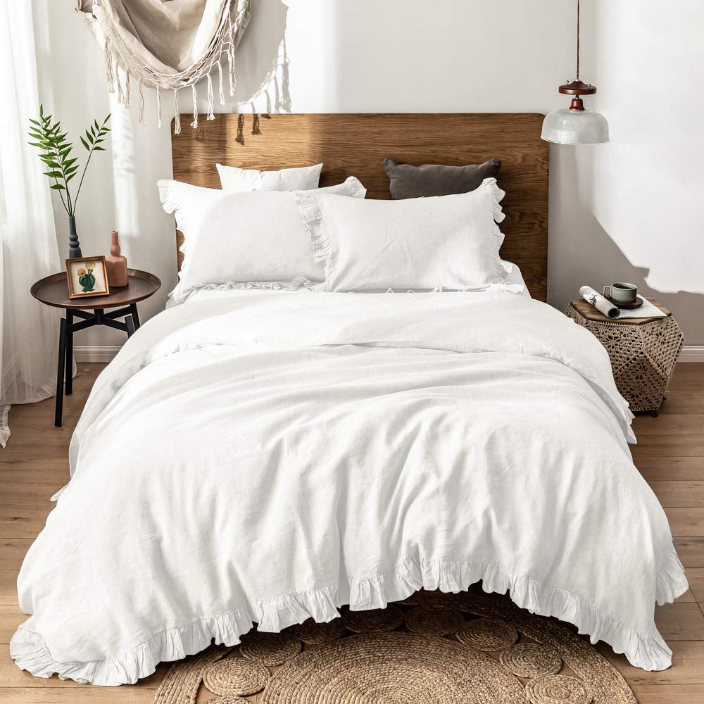 Luxury Ruffled Linen Duvet Cover Set - Queen Size with 1 Duvet Cover, 2 Pillow Shams, 2 Euro Shams & 1 Pleated Bed Skirt | Breathable 100% French Flax Linen Bedding for Master Bedroom, Guest Room & Airbnb