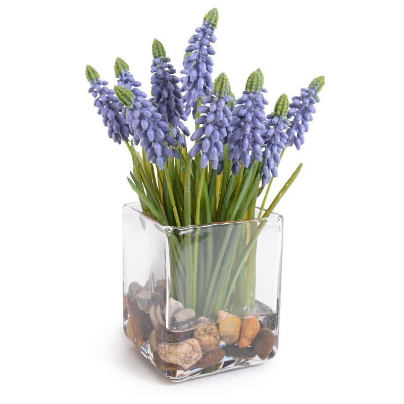 Artificial Grape Hyacinth Silk Flower Arrangement in Glass Cube Vase - Elegant Home & Office Decor for Table Centerpiece, Wedding, and Event Decoration