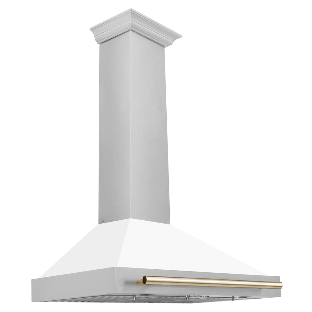 ZLINE KB4SNZ WM30 G 30-Inch Convertible Wall Mount Range Hood - Satin Stainless Steel with White Matte Shell & Polished Gold Handle - Autograph Edition - Perfect for Modern Kitchens & Open-Concept Homes
