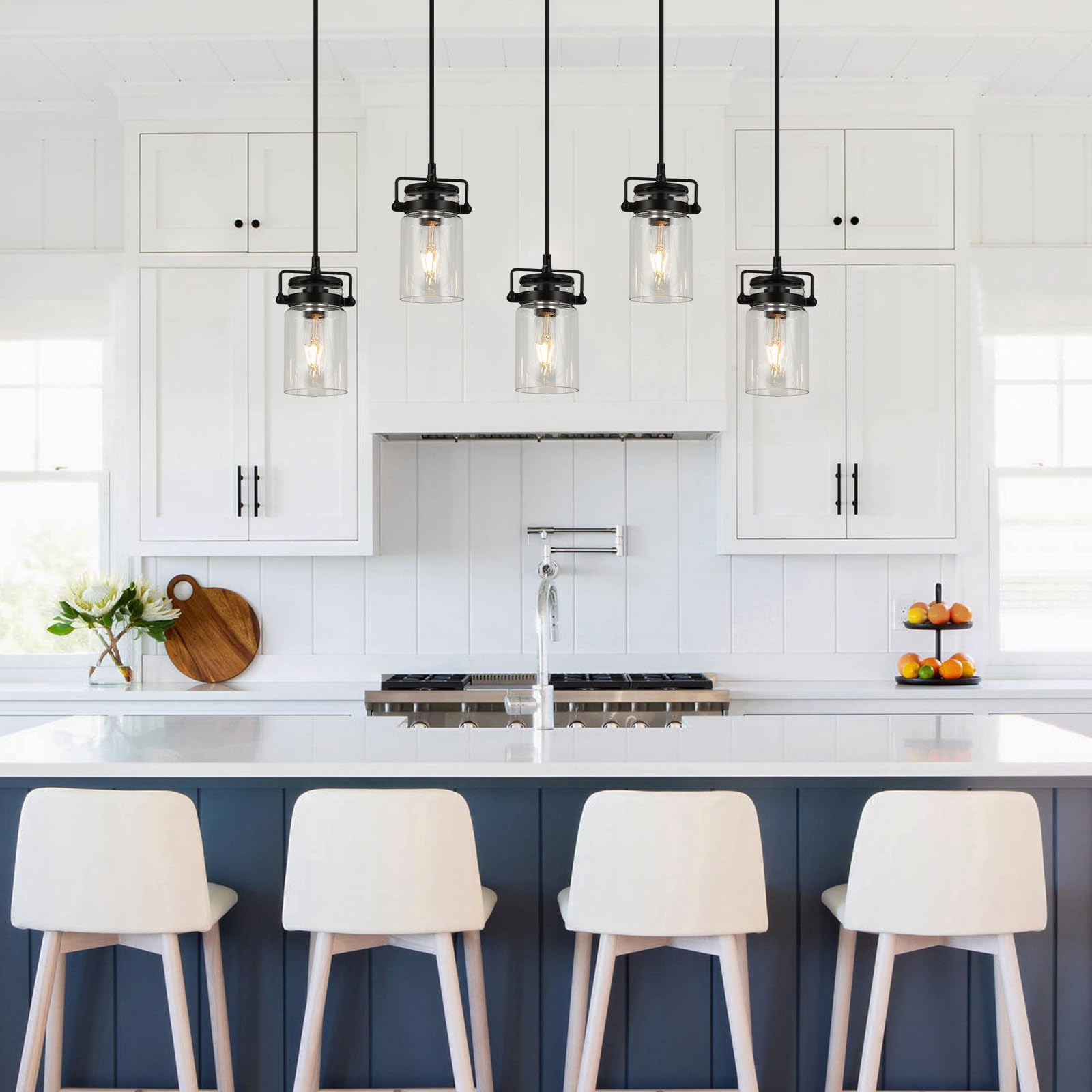5-Light Black Linear Chandelier for Kitchen Island & Dining Room - Farmhouse Pendant Lighting with Clear Glass Shade (E26 Bulb Base) - Perfect for Modern Farmhouse, Open Concept Kitchens & Dining Areas