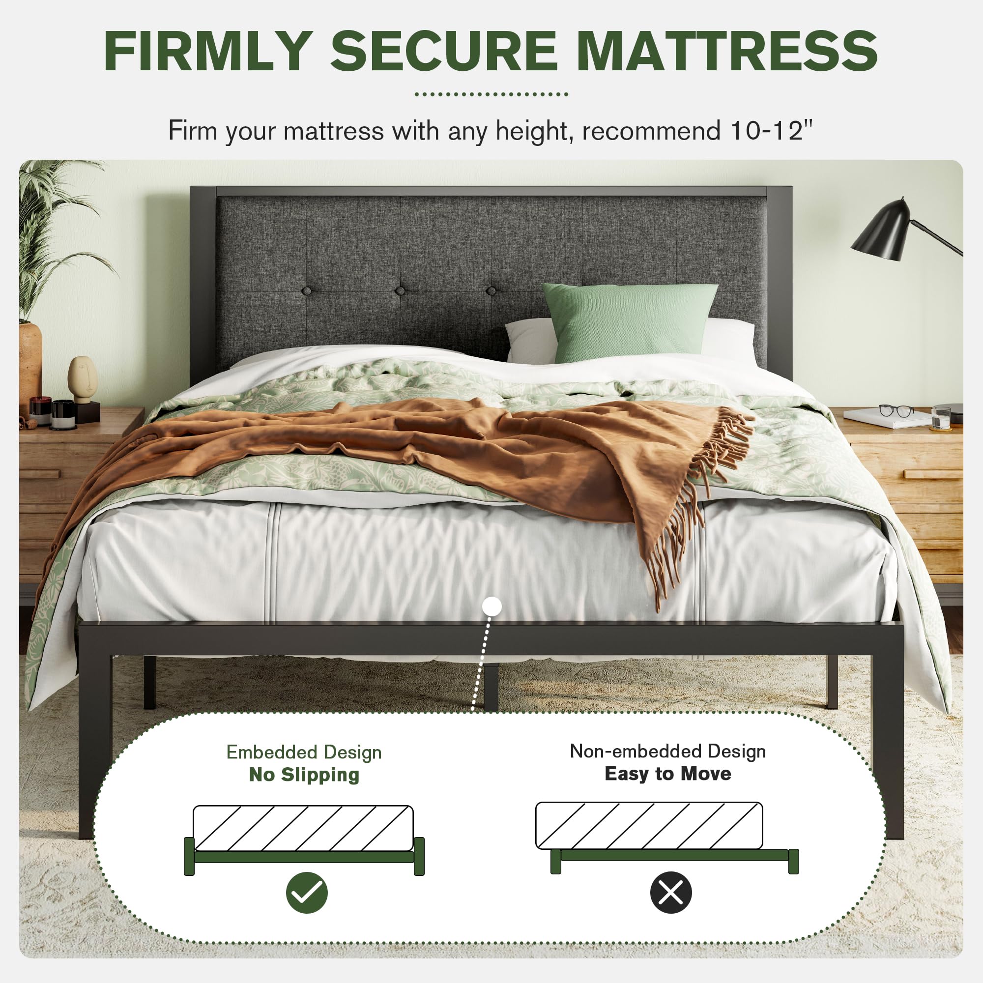 Heavy Duty Full Size Platform Bed Frame with Upholstered Button Tufted Headboard - 17 Reinforced Metal Slats, 11
