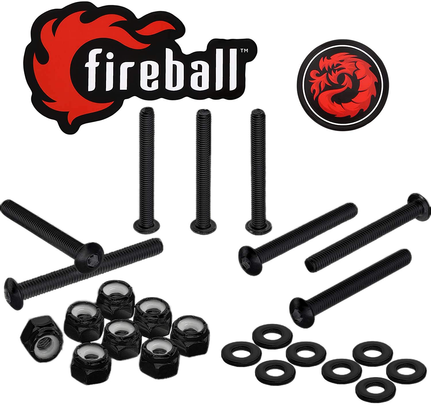 Fireball Dragon Skateboard Hardware Kit - Black Stainless Steel Mounting Screws & Nuts Set for Longboard & Cruiser Skateboards | Ultra Strong Truck Bolts | Perfect for Street Skating, Commuting & Trick Riding