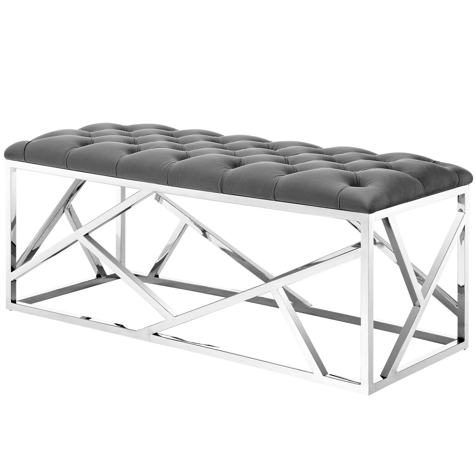 Modern Contemporary Velvet Accent Chair with Metal Frame - Stylish Lounge, Lobby & Living Room Bench in Gray - Perfect for Home, Office & Hotel Decor