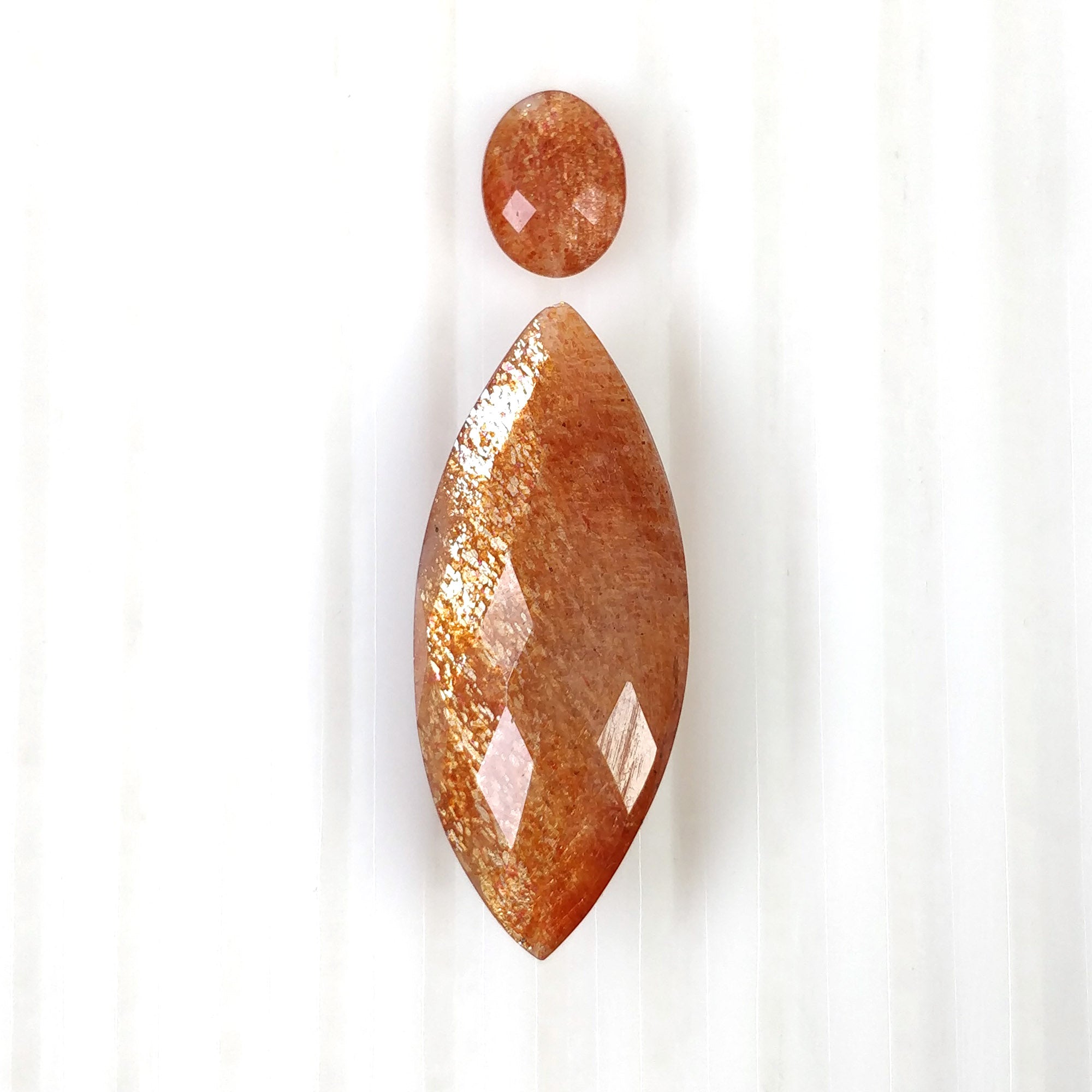 Natural Untreated Chatoyant Orange Sunstone Gemstone - 32.70cts Checker Cut Oval & Marquise Shape (11x8mm & 37x15.5mm) 2pc Set with Video - Perfect for Jewelry Making, Crystal Healing & Collector's Display