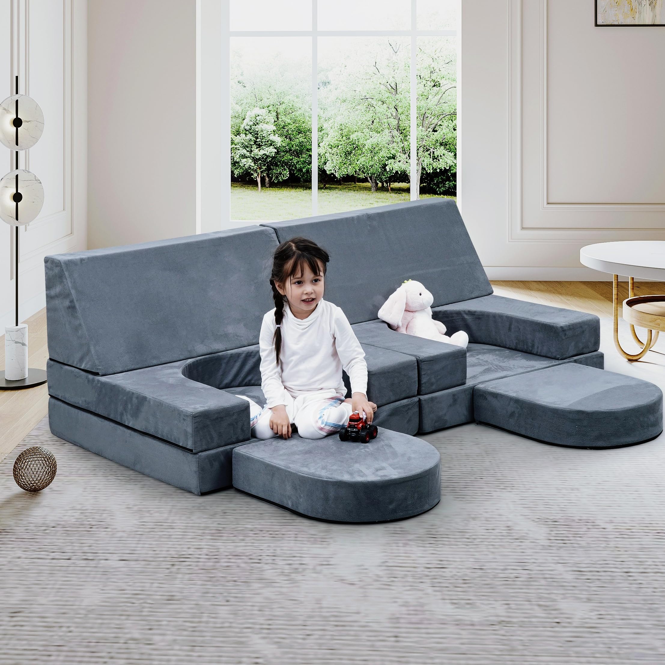 8PCS Modular Kids Play Couch - Convertible Foam Sofa Bed for Boys & Girls, Toddler Playroom Furniture for Building Forts & Indoor Play (Grey) | Perfect for Playrooms, Bedrooms & Homeschooling Spaces
