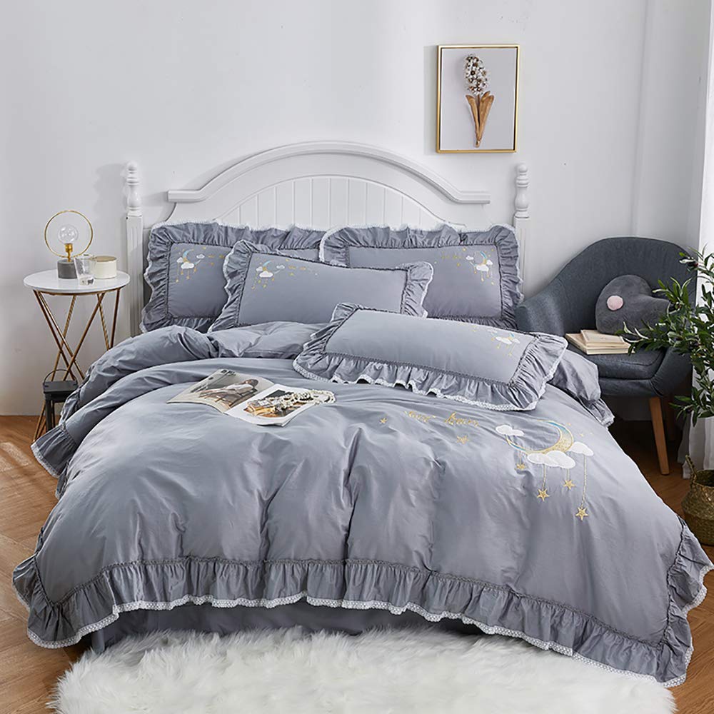 Premium 4-Piece Cotton Bedding Set with Embroidered Lace - Queen/King Size Soft Breathable Sheets for Bedroom Decor - Perfect for Master Bedroom, Guest Room & Luxury Hotels
