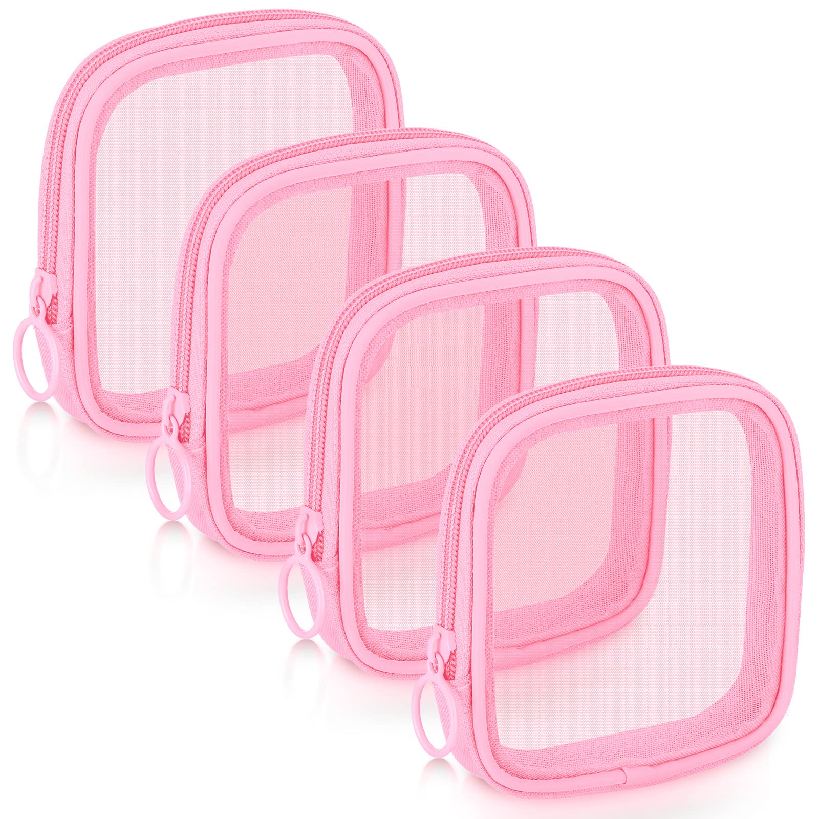 WeeWooday 4-Piece Mesh Makeup Bags Set - Breathable Cosmetic Organizer with Zipper, Travel Toiletry Pouch for Women, Mini Makeup Purse (Small, Pink) | Perfect for Daily Essentials, Gym, Travel & On-the-Go Organization