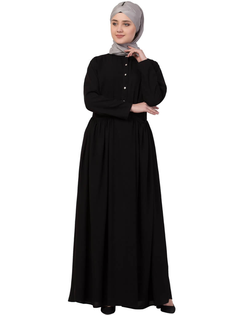 Elegant Black Arabic Front Gathered Pocket Casual Abaya Dress for Women - Perfect for Daily Wear, Prayer, and Special Occasions
