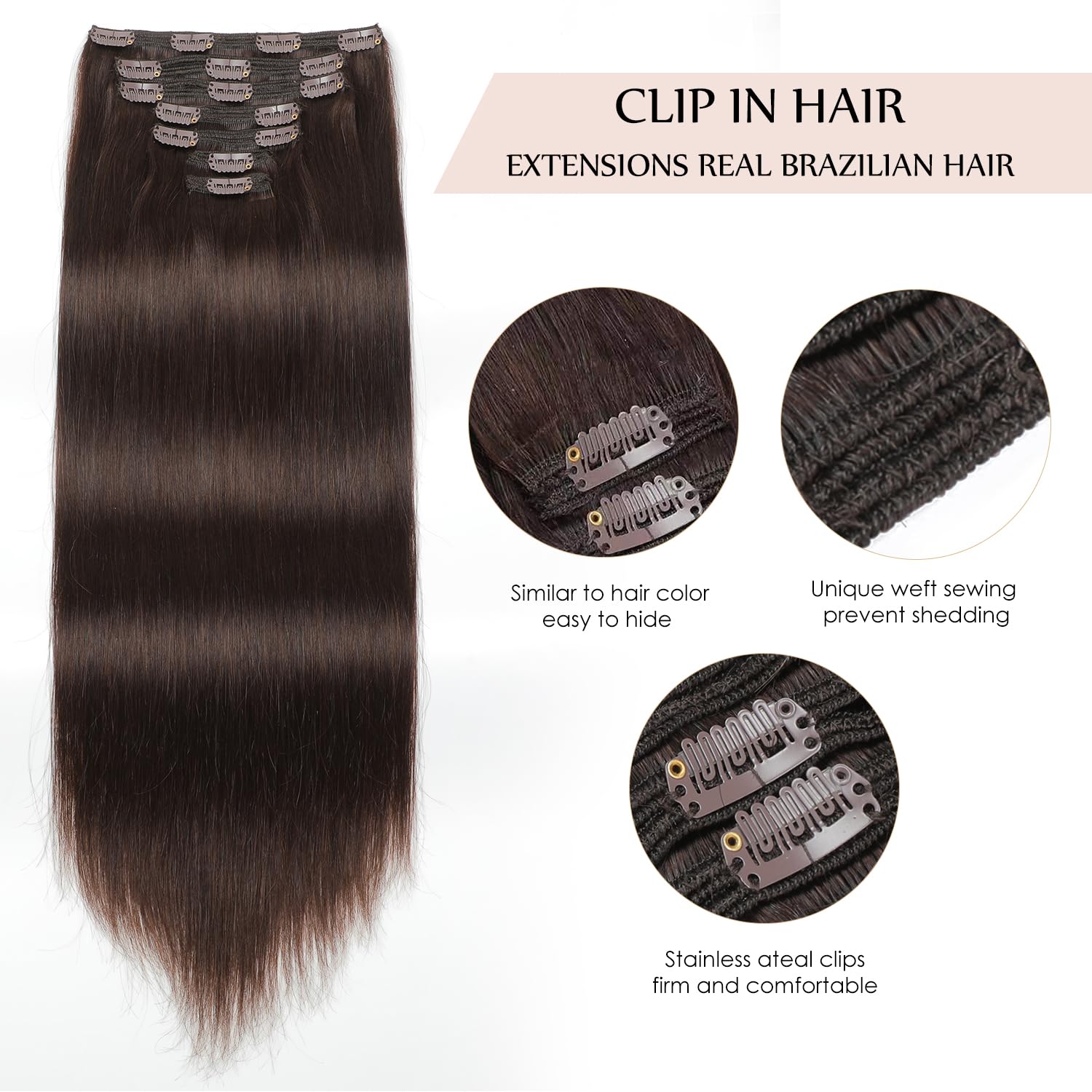 22 Inch 170g 7pcs Sisily Clip-in Human Hair Extensions - Real Remy Human Hair, Dark Brown Straight Double Weft for Volume & Length - Perfect for Parties, Weddings & Daily Styling