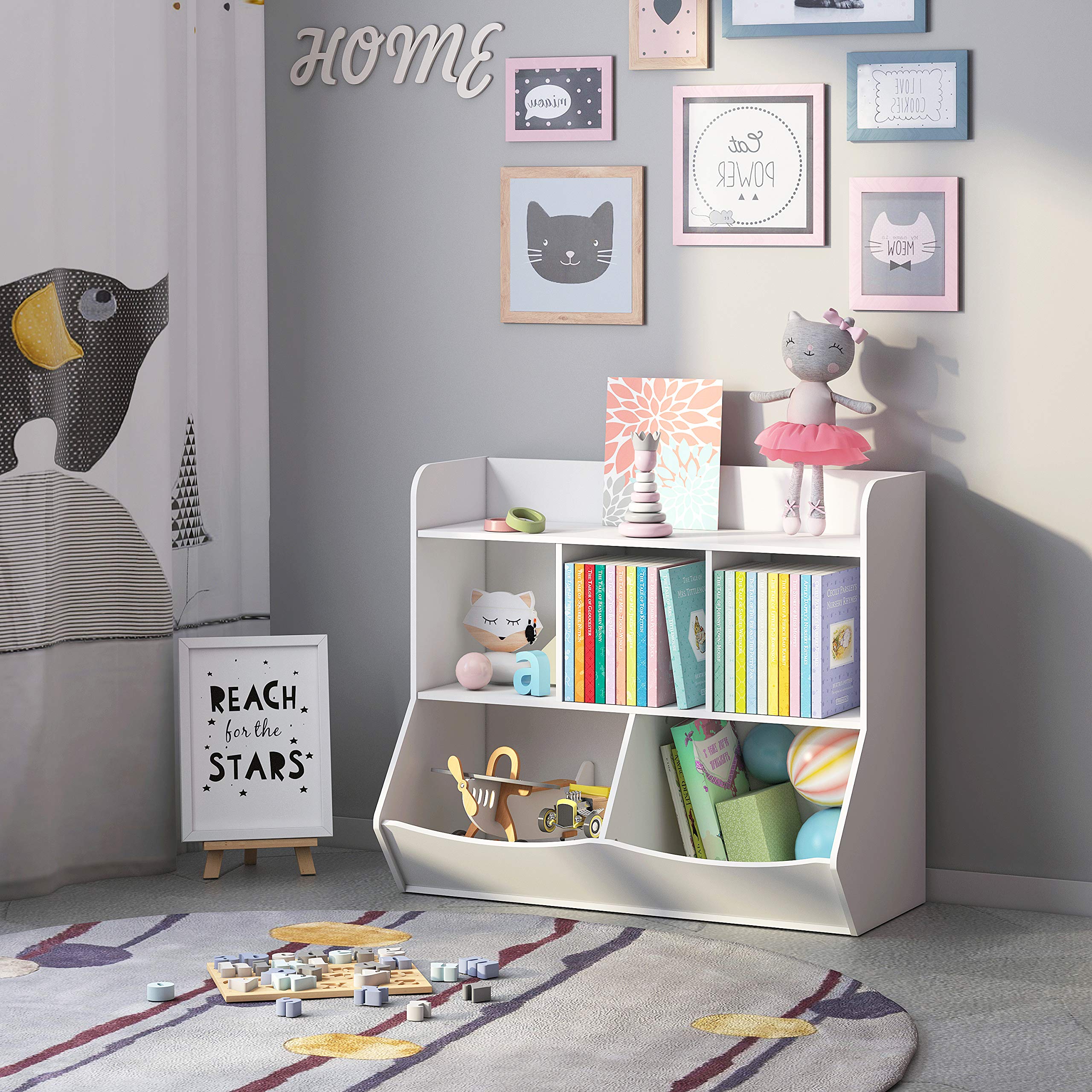UTEX Kids Toy Storage Organizer with Bookcase - 6-Shelf Cubby Organizer for Books, Toys & Games - Perfect for Playroom, Bedroom & Nursery - White (Space-Saving Kids Furniture)