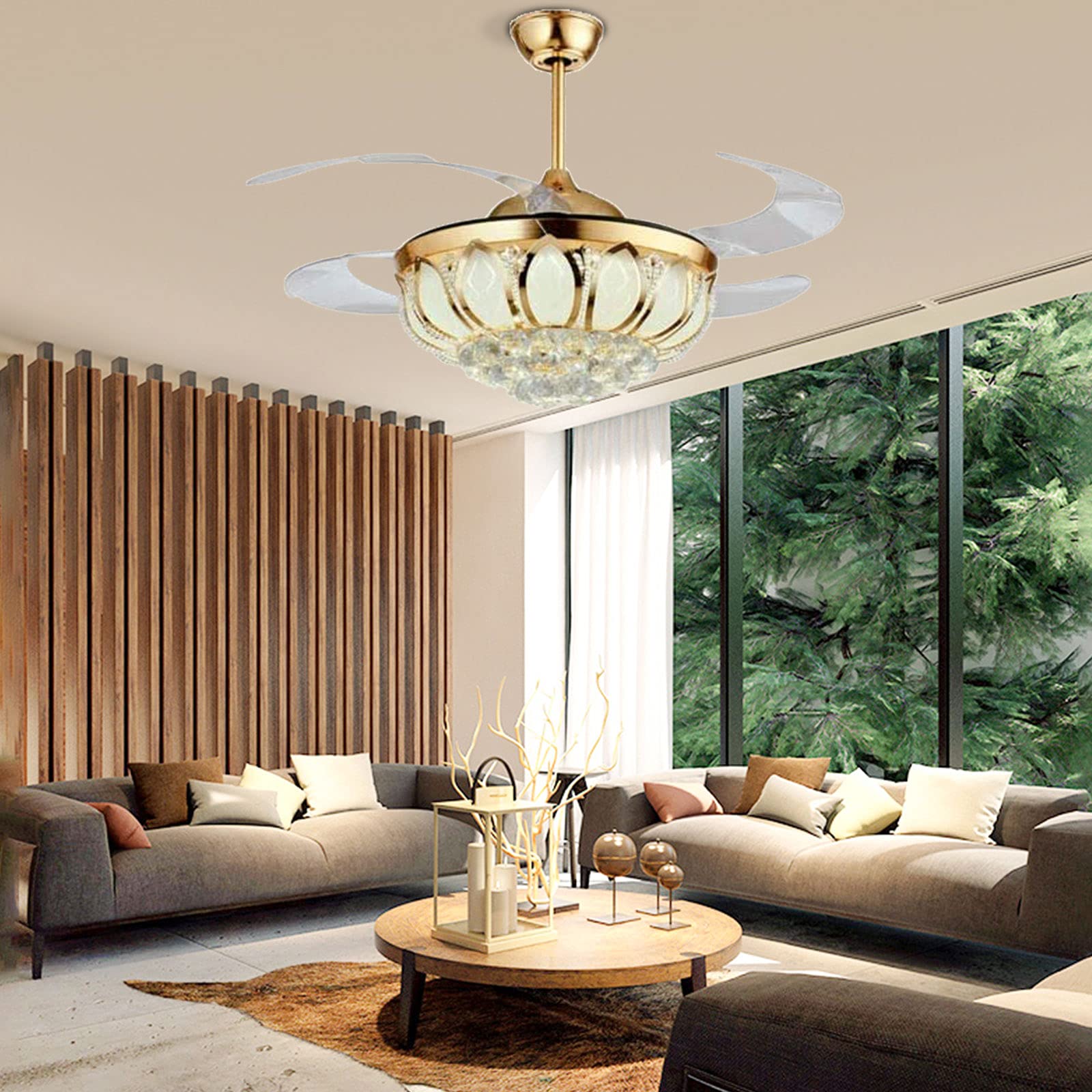 42 Inch Modern Gold Crystal Chandelier Ceiling Fan with LED Light & Remote Control - Retractable Blades, Quiet DC Motor - Perfect for Dining Room, Bedroom, Living Room & Home Decor