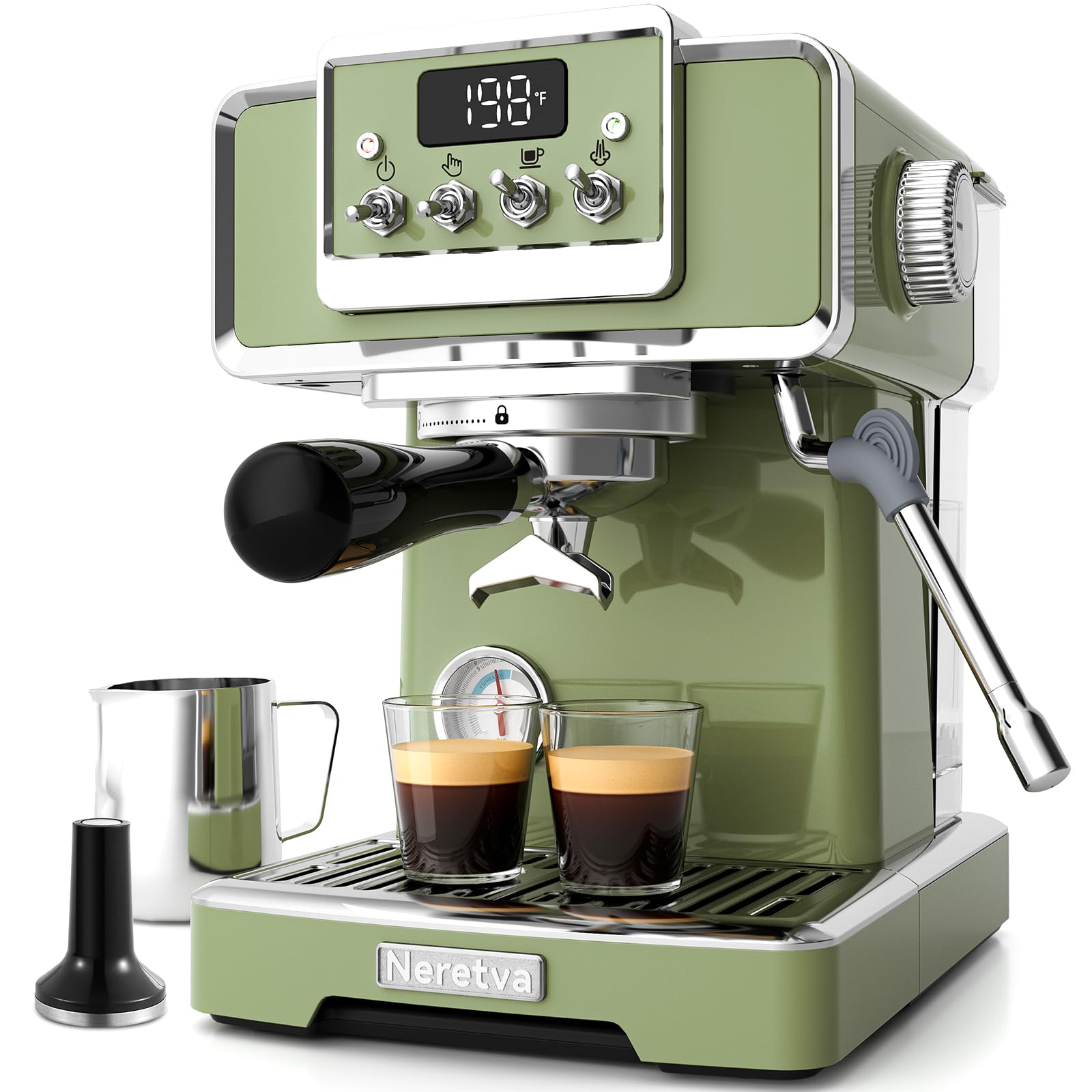 Neretva 15 Bar Espresso Machine with LCD Display - Manual & Auto Mode Stainless Steel Coffee Maker, 60oz Water Tank & Milk Frother for Home Barista - Green - Perfect for Home, Office & Cafe Use