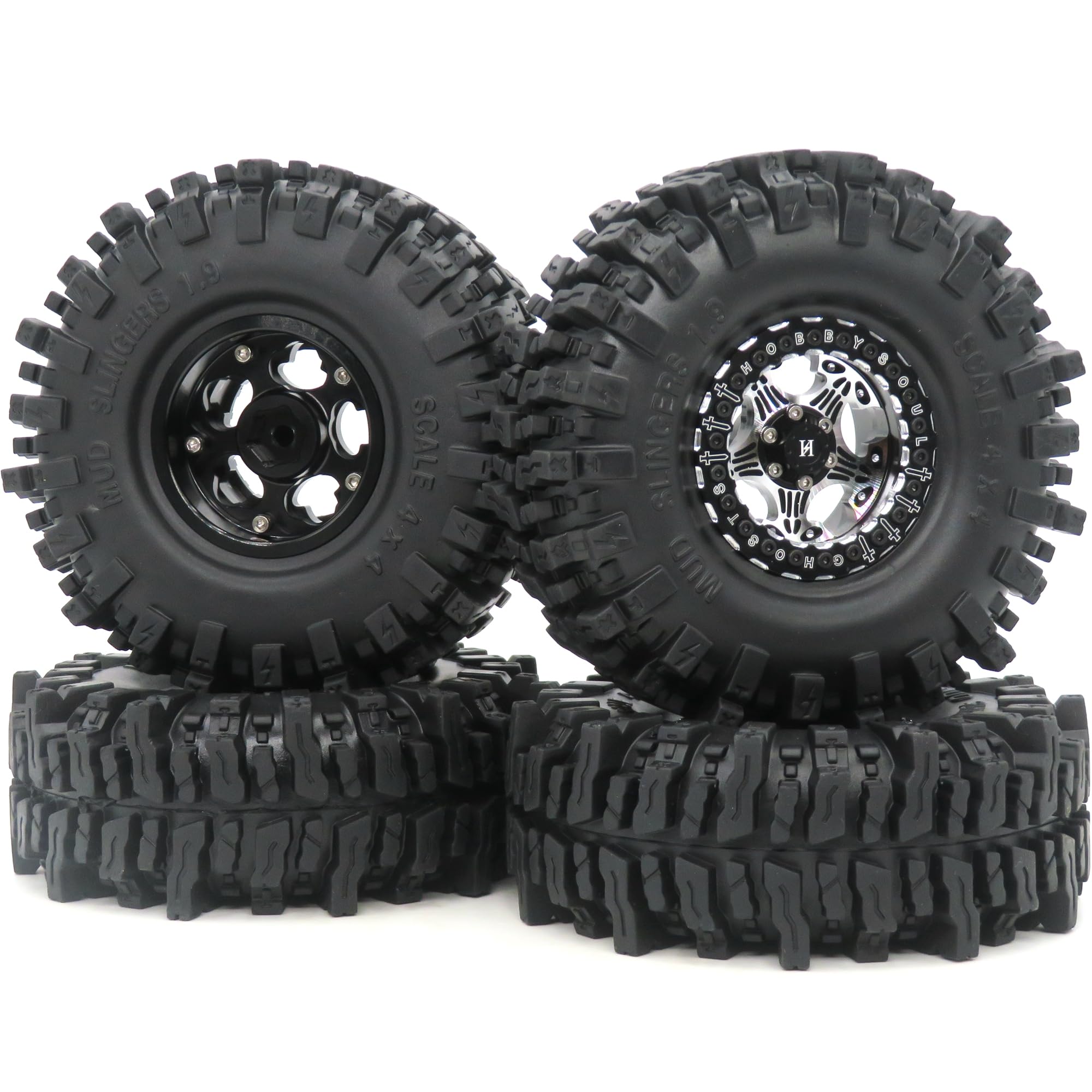 HOBBYSOUL 1.9 Mud Slingers RC Crawler Tires 120mm with Aluminum Beadlock Wheels - Black Soft Sticky 1.9 Tires & Wheels Set for 1/10 Scale Rock Crawler SCX10 Capra TRX4 Gen8 (4-Pack Pre-Assembled) - Perfect for Off-Road Trails, Rock Climbing & RC Crawling Competitions