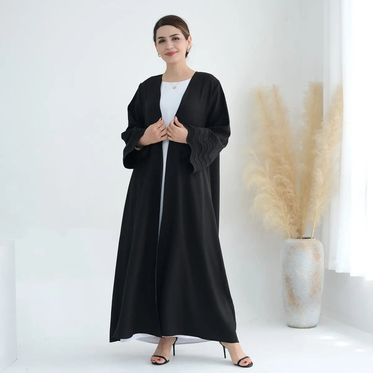 Elegant Hijab Embroidery Sleeve Cardigan Open Abaya Dress for Muslim Women - Perfect for Prayer, Mosque Visits & Special Occasions