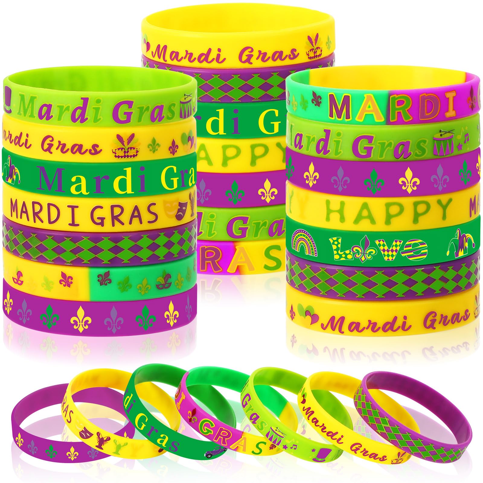 **42pcs Colorful Silicone Wristbands for Mardi Gras Party Favors, Carnival Birthday Decorations, Goodie Bag Fillers - Perfect for Parades, Festivals & Themed Events**