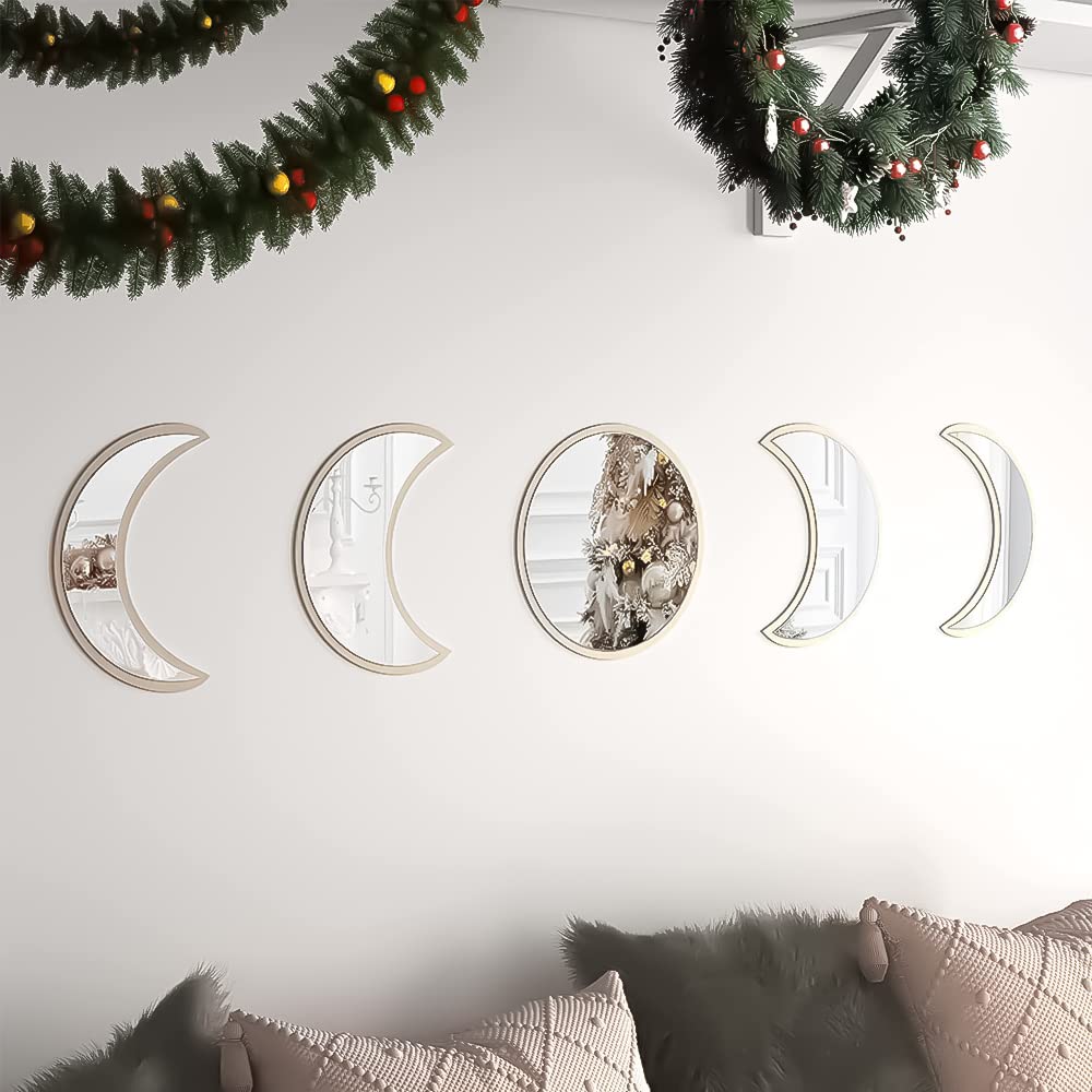 5 Piece Moon Phase Mirror Set - Scandinavian Natural Decor Wall Mirrors for Living Room & Bedroom - Acrylic Bohemian Moon Decor - Perfect for Home, Office & Meditation Spaces (Beige)