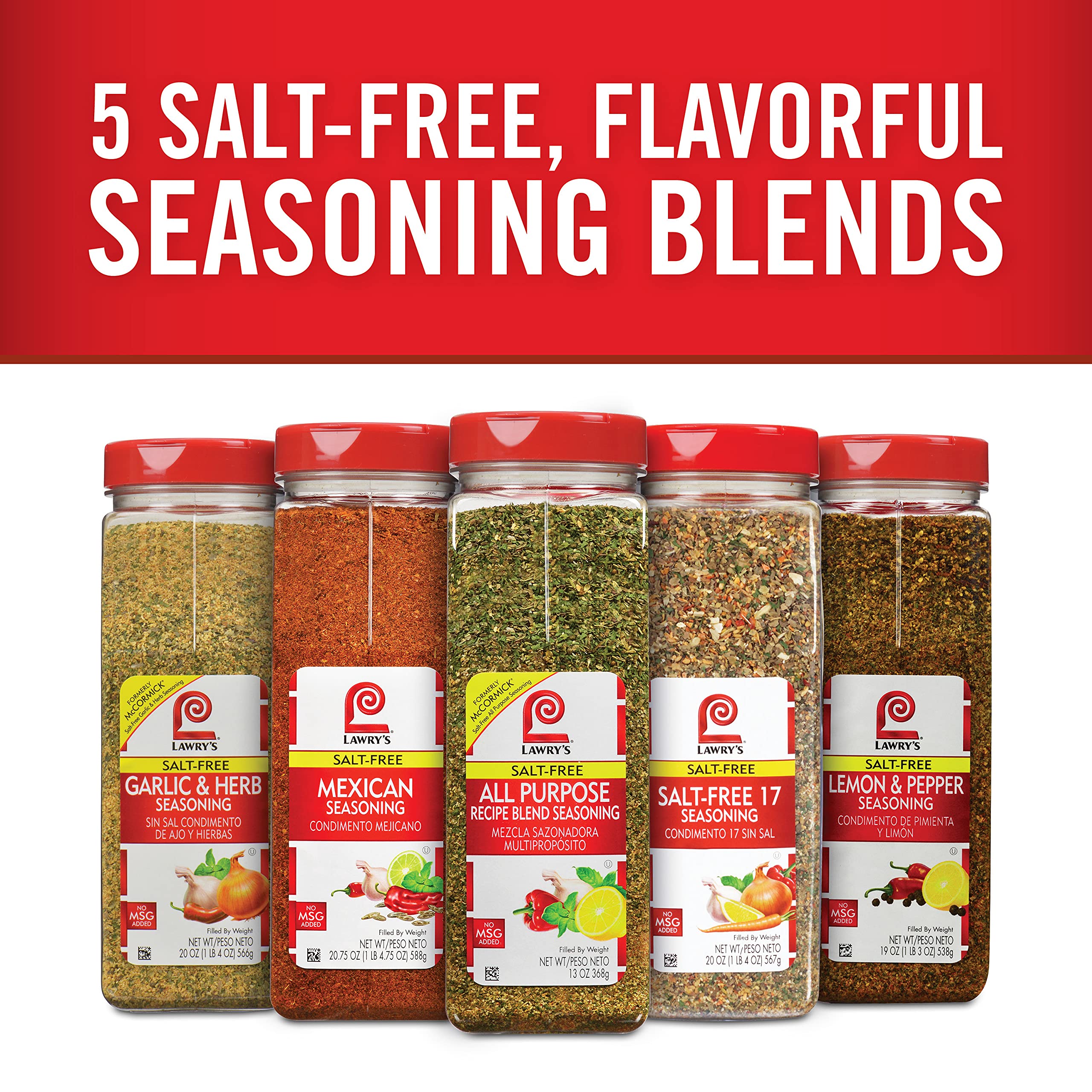 Lawry's Salt Free Garlic & Herb Seasoning - 20 oz (Pack of 6) | All Natural Spice Blend for Chicken, Fish, Vegetables & Pasta | Perfect for Grilling, Roasting & Everyday Cooking