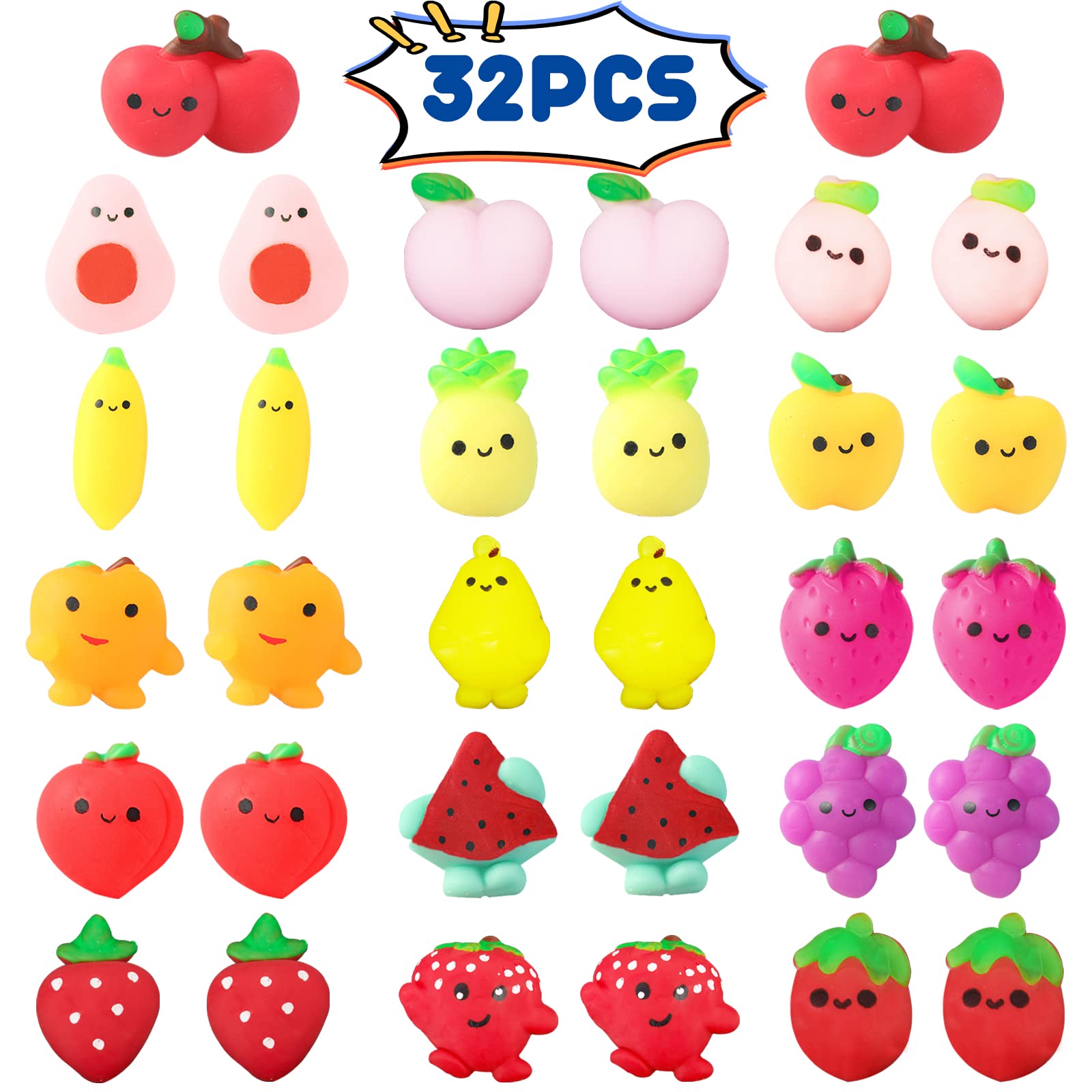 32PCS Mini Mochi Squishy Toys - Kawaii Fruit Stress Relief for Kids Birthday Party Favors & Classroom Prizes