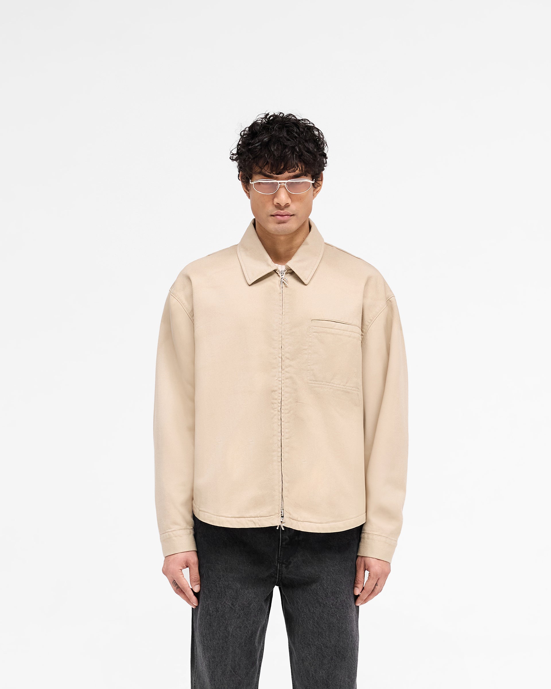 Men's Cotton Zip-Up Shirt - Light Beige Casual Buttonless Jacket for Outdoor Activities & Layering